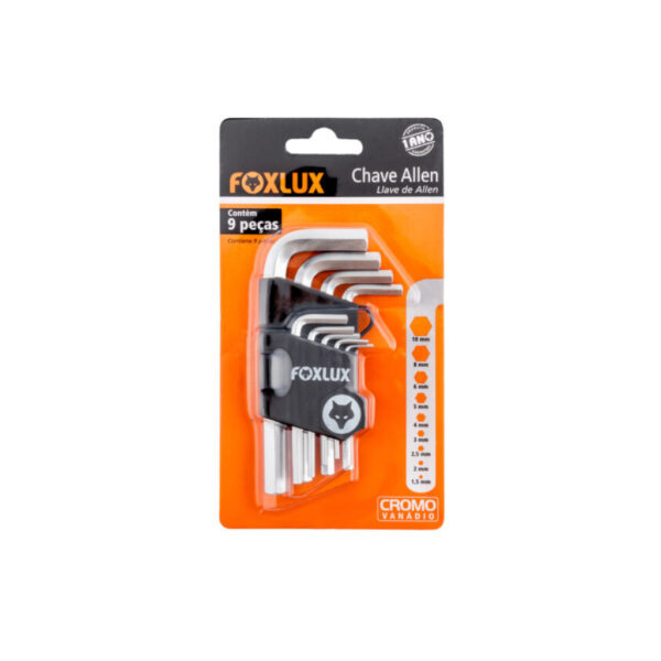 CHAVE ALLEN JOGO FOXLUX CROMO VANADIO 1,5~10MM 9PC 4726